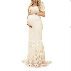 Off White / Beige Lace Maxi Maternity Dress - Grea